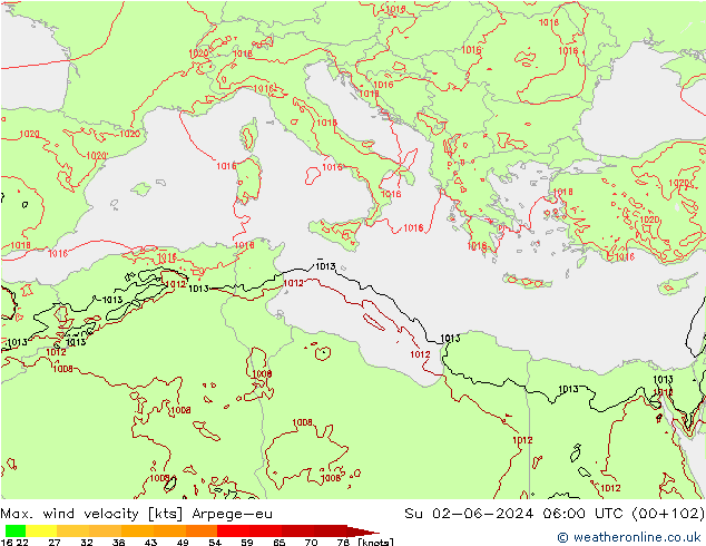 Max. wind velocity Arpege-eu nie. 02.06.2024 06 UTC