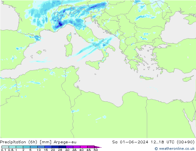 Totale neerslag (6h) Arpege-eu za 01.06.2024 18 UTC
