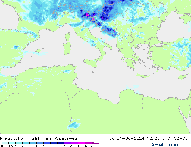 Totale neerslag (12h) Arpege-eu za 01.06.2024 00 UTC