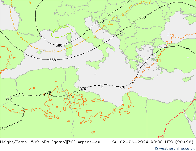 Height/Temp. 500 hPa Arpege-eu Su 02.06.2024 00 UTC