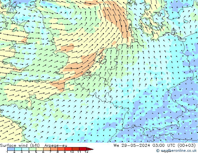 Surface wind (bft) Arpege-eu We 29.05.2024 03 UTC