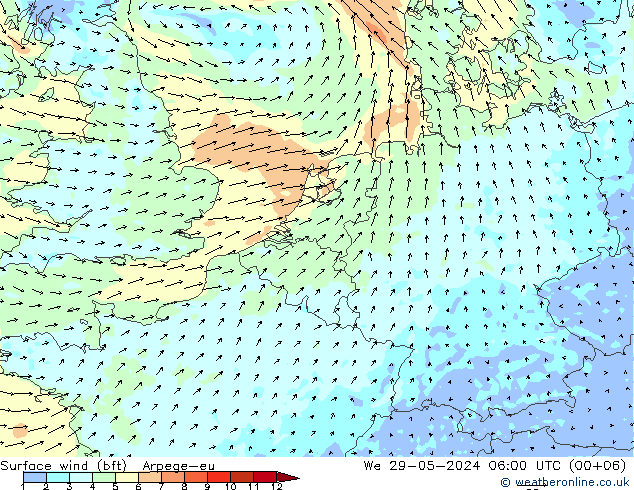 Surface wind (bft) Arpege-eu St 29.05.2024 06 UTC