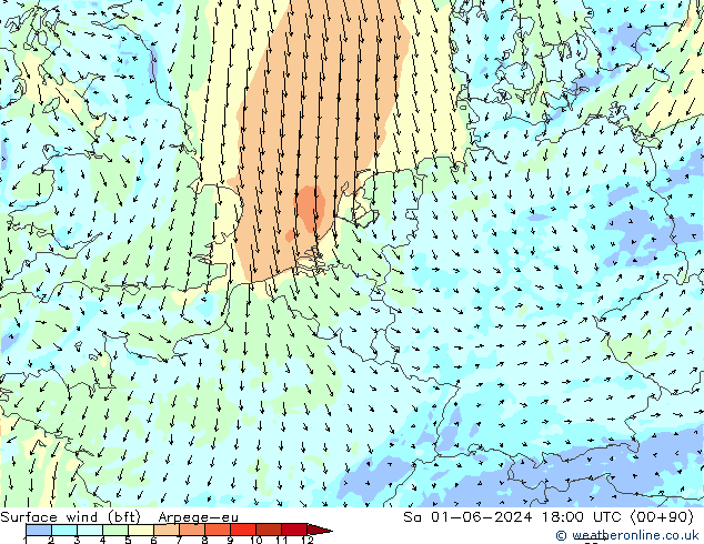 Surface wind (bft) Arpege-eu Sa 01.06.2024 18 UTC