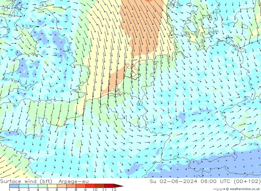 Vent 10 m (bft) Arpege-eu dim 02.06.2024 06 UTC