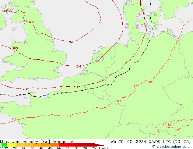 Max. wind velocity Arpege-eu mié 29.05.2024 03 UTC