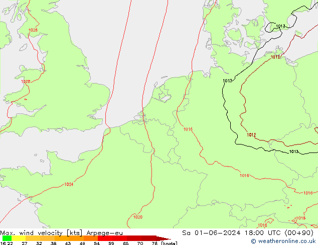 Max. wind velocity Arpege-eu Sa 01.06.2024 18 UTC