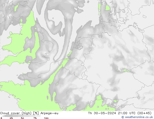Cloud cover (high) Arpege-eu Th 30.05.2024 21 UTC