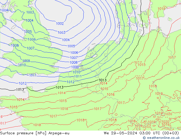 Pressione al suolo Arpege-eu mer 29.05.2024 03 UTC