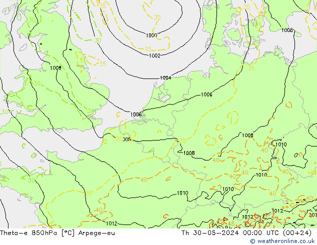 Theta-e 850гПа Arpege-eu чт 30.05.2024 00 UTC