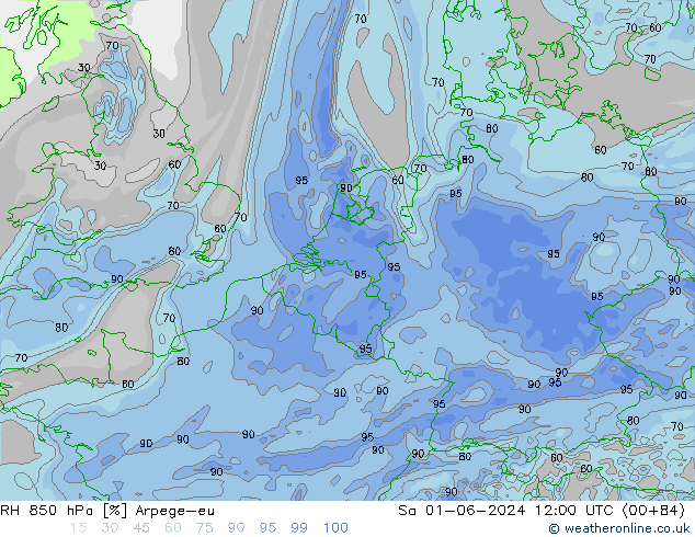 RH 850 гПа Arpege-eu сб 01.06.2024 12 UTC