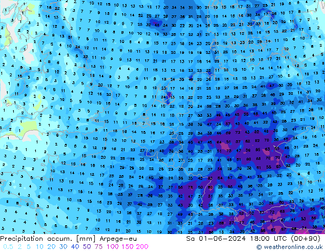 Precipitation accum. Arpege-eu Sa 01.06.2024 18 UTC