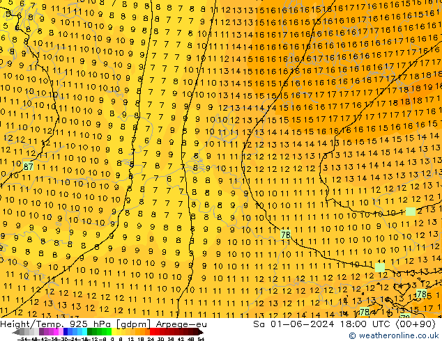 Height/Temp. 925 hPa Arpege-eu sab 01.06.2024 18 UTC