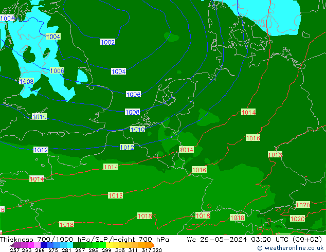 Thck 700-1000 hPa Arpege-eu śro. 29.05.2024 03 UTC