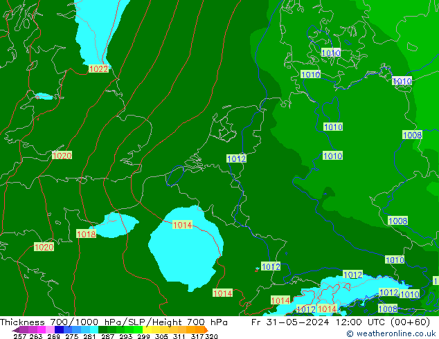 Schichtdicke 700-1000 hPa Arpege-eu Fr 31.05.2024 12 UTC