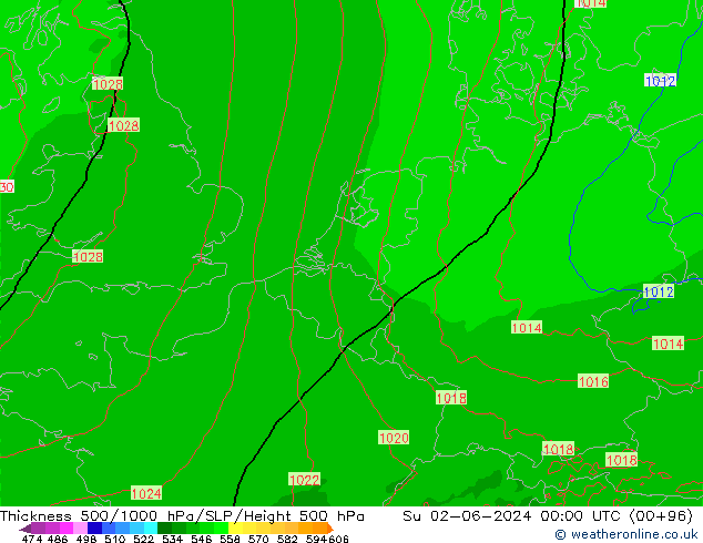 Schichtdicke 500-1000 hPa Arpege-eu So 02.06.2024 00 UTC