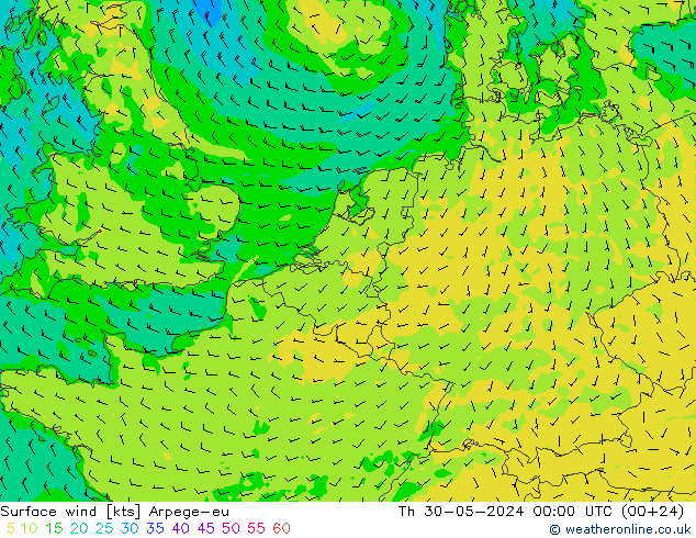 Vento 10 m Arpege-eu Qui 30.05.2024 00 UTC