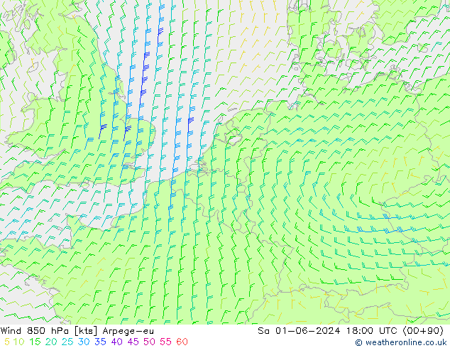 Vento 850 hPa Arpege-eu sab 01.06.2024 18 UTC