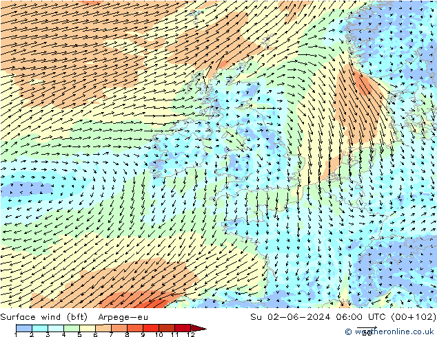 Surface wind (bft) Arpege-eu Ne 02.06.2024 06 UTC