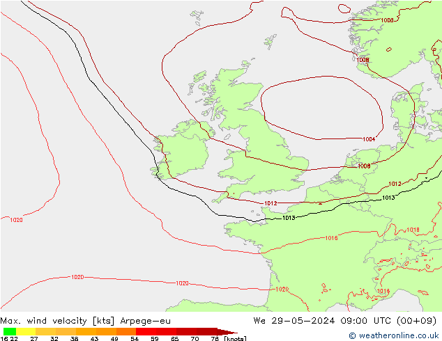 Max. wind velocity Arpege-eu We 29.05.2024 09 UTC