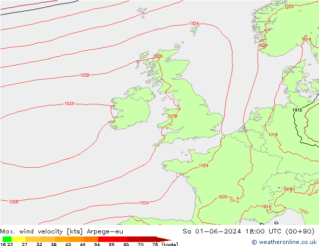 Max. wind velocity Arpege-eu Sáb 01.06.2024 18 UTC