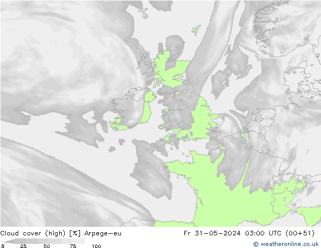 Cloud cover (high) Arpege-eu Fr 31.05.2024 03 UTC