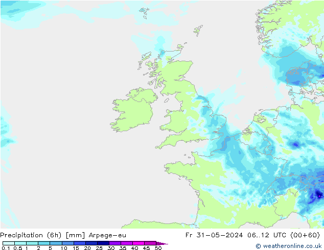 Totale neerslag (6h) Arpege-eu vr 31.05.2024 12 UTC