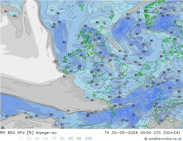 RH 850 hPa Arpege-eu Čt 30.05.2024 00 UTC