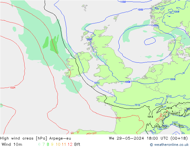 High wind areas Arpege-eu Qua 29.05.2024 18 UTC