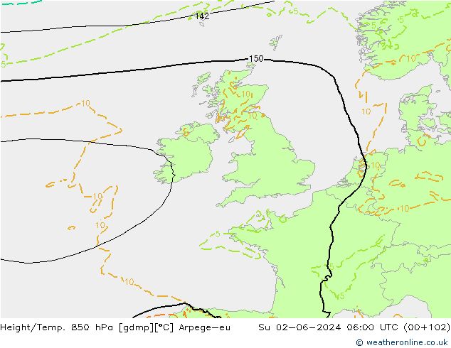 Géop./Temp. 850 hPa Arpege-eu dim 02.06.2024 06 UTC