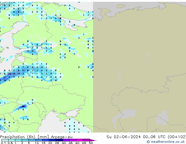 Precipitación (6h) Arpege-eu dom 02.06.2024 06 UTC