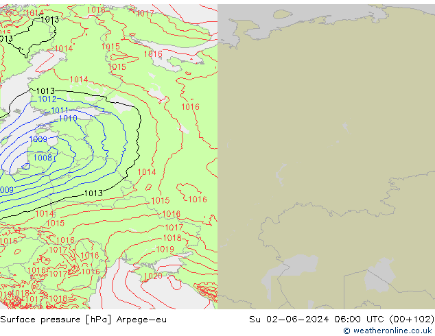 Presión superficial Arpege-eu dom 02.06.2024 06 UTC