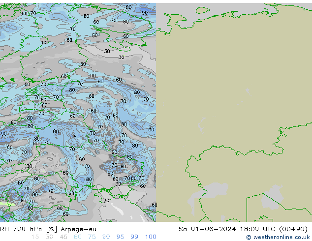 RH 700 hPa Arpege-eu Sa 01.06.2024 18 UTC