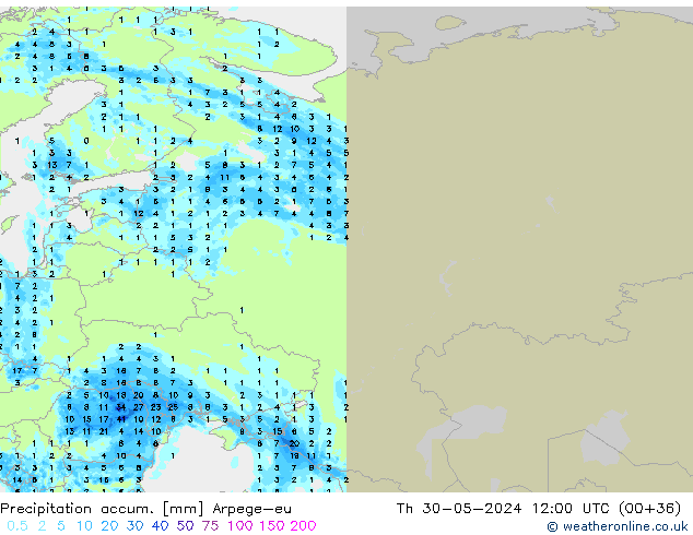 Precipitation accum. Arpege-eu czw. 30.05.2024 12 UTC