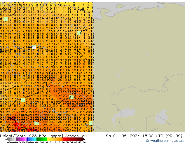 Yükseklik/Sıc. 925 hPa Arpege-eu Cts 01.06.2024 18 UTC