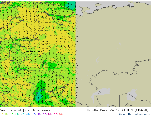 Viento 10 m Arpege-eu jue 30.05.2024 12 UTC