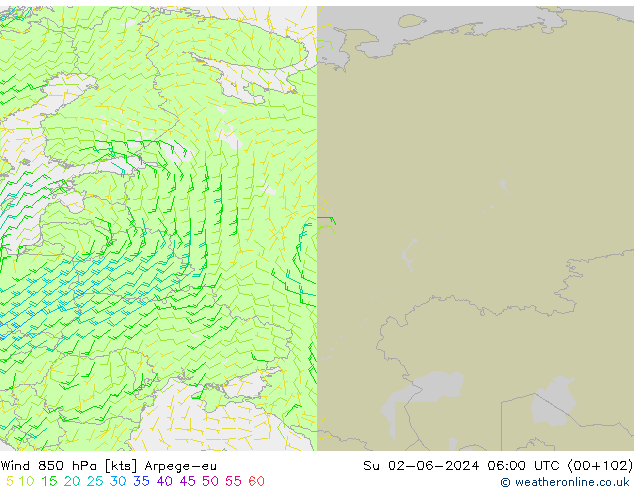 Vento 850 hPa Arpege-eu Dom 02.06.2024 06 UTC