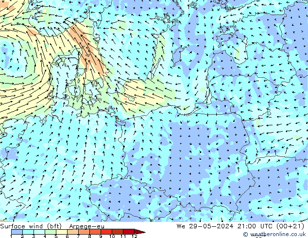 Rüzgar 10 m (bft) Arpege-eu Çar 29.05.2024 21 UTC