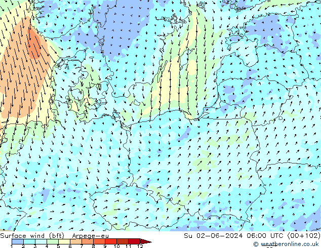 Surface wind (bft) Arpege-eu Ne 02.06.2024 06 UTC