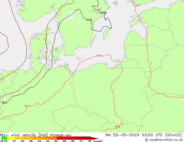 Max. wind velocity Arpege-eu śro. 29.05.2024 03 UTC