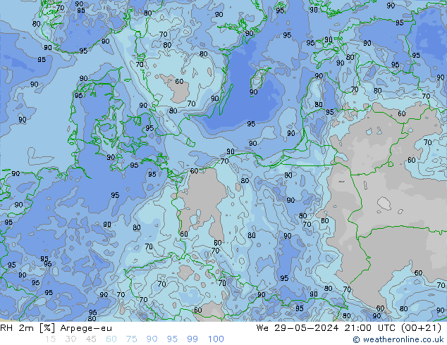 RH 2m Arpege-eu śro. 29.05.2024 21 UTC