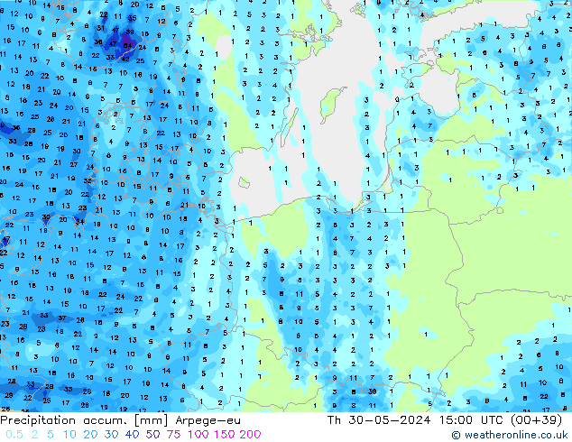 Precipitation accum. Arpege-eu чт 30.05.2024 15 UTC