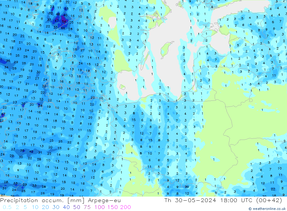 Totale neerslag Arpege-eu do 30.05.2024 18 UTC