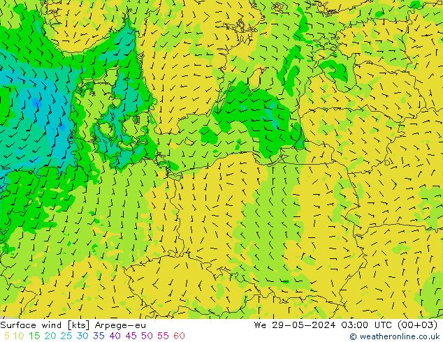 Vento 10 m Arpege-eu mer 29.05.2024 03 UTC