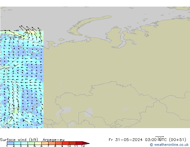 Surface wind (bft) Arpege-eu Pá 31.05.2024 03 UTC
