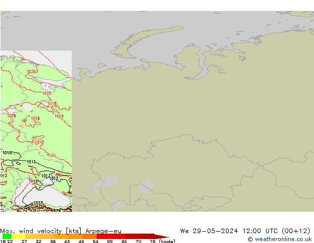 Max. wind velocity Arpege-eu mer 29.05.2024 12 UTC