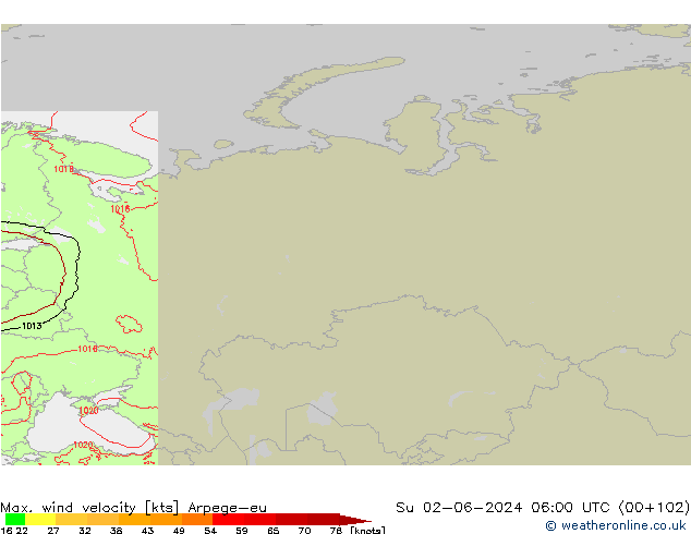 Max. wind velocity Arpege-eu dom 02.06.2024 06 UTC