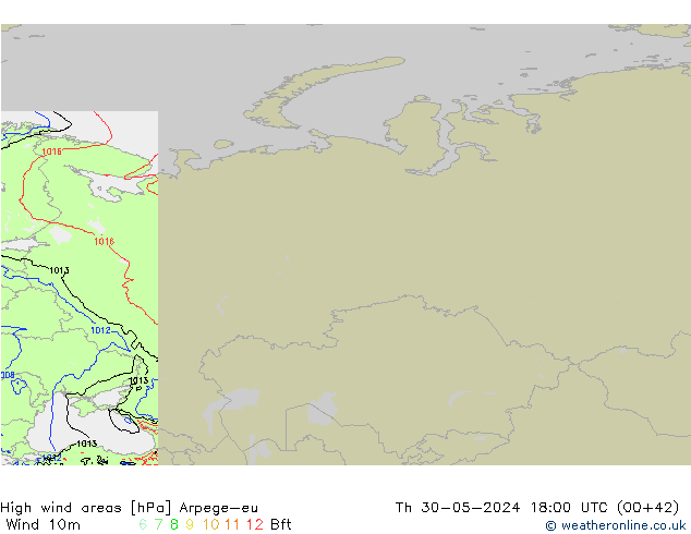 High wind areas Arpege-eu Th 30.05.2024 18 UTC