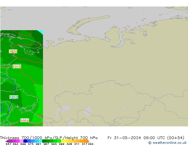 Thck 700-1000 гПа Arpege-eu пт 31.05.2024 06 UTC