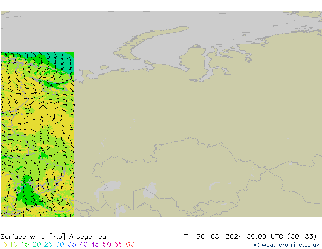 Surface wind Arpege-eu Th 30.05.2024 09 UTC