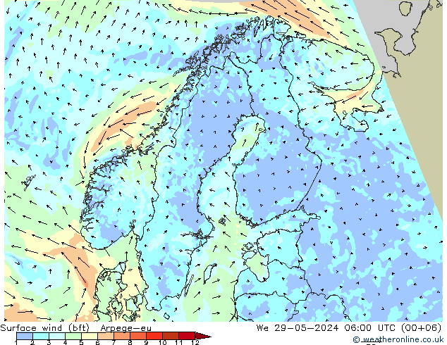 Wind 10 m (bft) Arpege-eu wo 29.05.2024 06 UTC